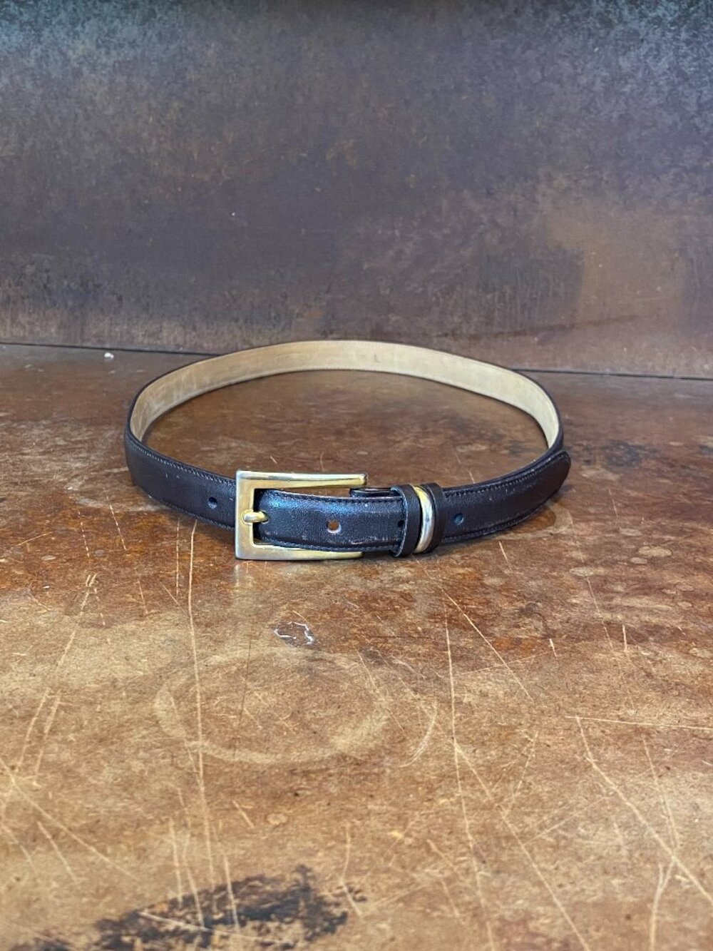 90s Talbot Black Leather Belt Made Italy Gold-Tone Rectangular Buckle Slim Large